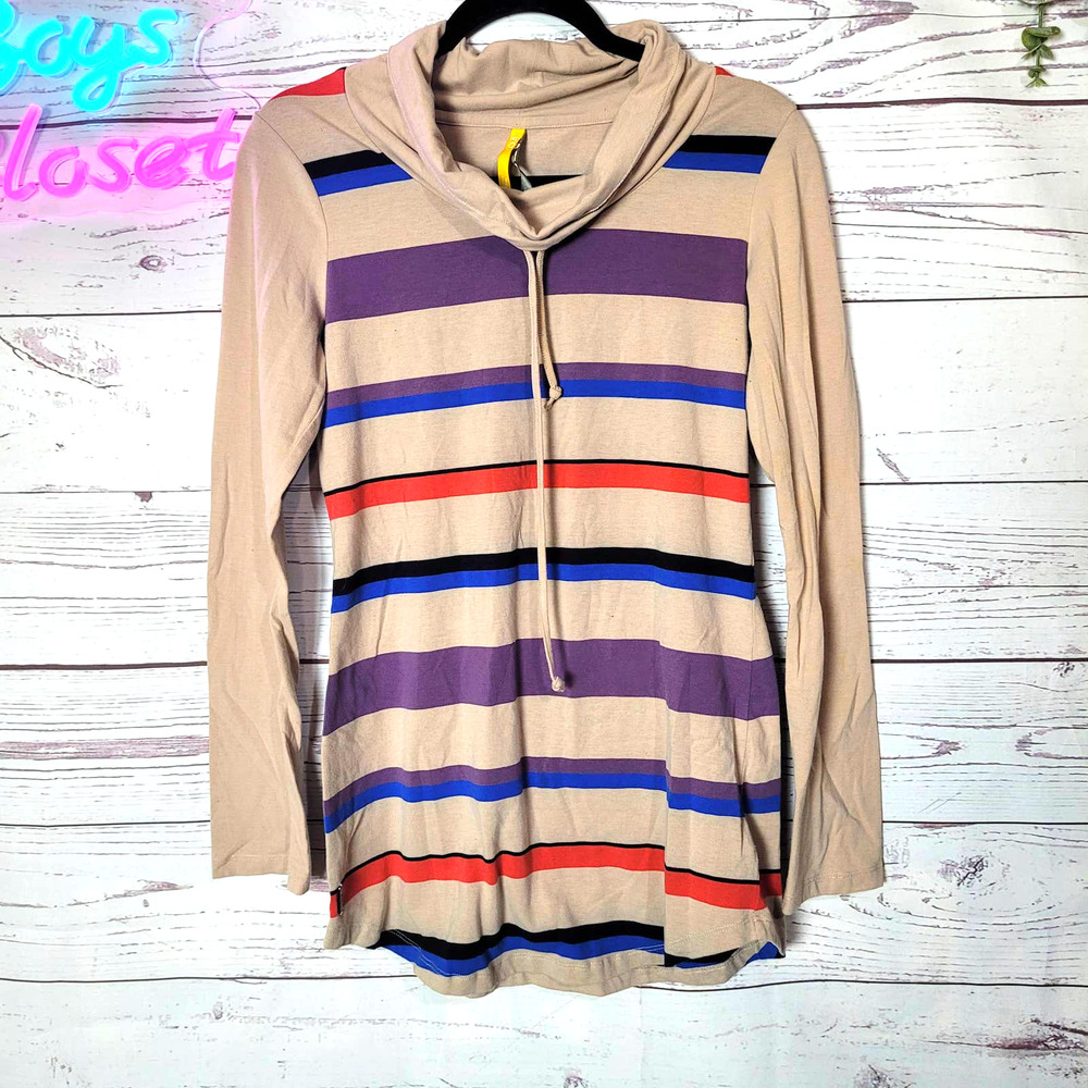 Lole Beige Striped Pullover Hoodie Sweatshirt Athleisure Womans Size Medium